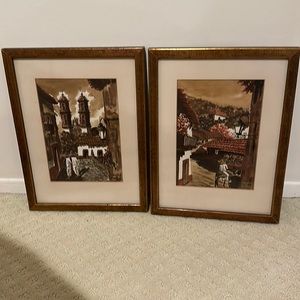 Set of 2 paintings with bronze frame